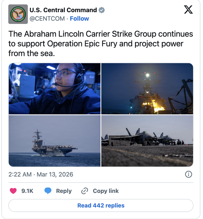 CENTCOM tuyên bố: "Nhóm tác chiến tàu sân bay USS Abraham Lincoln vẫn tiếp tục hỗ trợ chiến dịch ‘Epic Fury’ và duy trì năng lực triển khai sức mạnh quân sự từ biển". Ảnh: CENTCOM/X