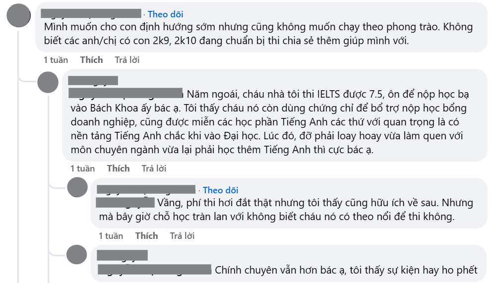 Nhiều quan điểm của phụ huynh về tính ứng dụng dài hạn của IELTS được ghi nhận trên diễn đàn mạng xã hội. Ảnh chụp từ bài đăng trên MXH.