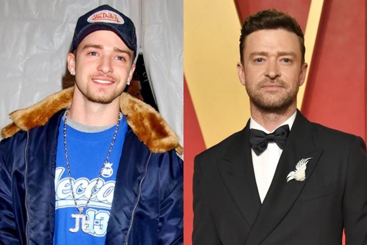 Justin Timberlake năm 2003 (trái) và khi anh dự sự kiện năm 2024. Ảnh: FilmMagic/ AP