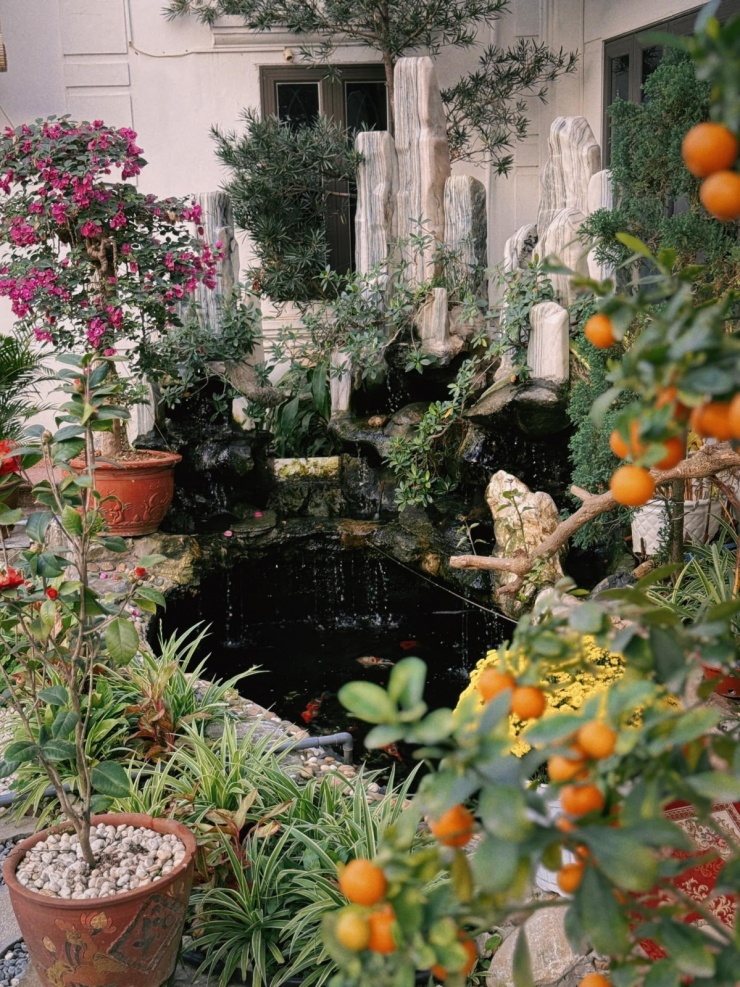 Ngay trước nhà, Hòa Minzy bố trí một hệ thống thủy sinh với hồ nước và suối nhân tạo. Theo quan niệm phong thủy, khu vực này tượng trưng cho tài lộc, mang ý nghĩa cầu mong sự thịnh vượng và may mắn cho gia đình.