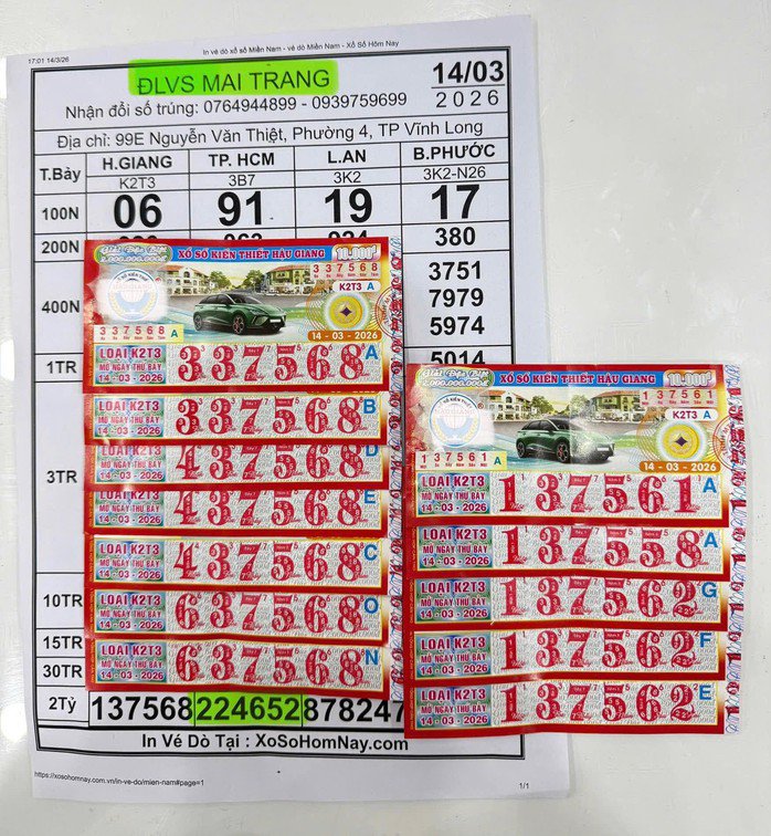 Giải an ủi của vé số Hậu Giang trúng tại tỉnh Vĩnh Long. Ảnh: ĐLVS Mai Trang