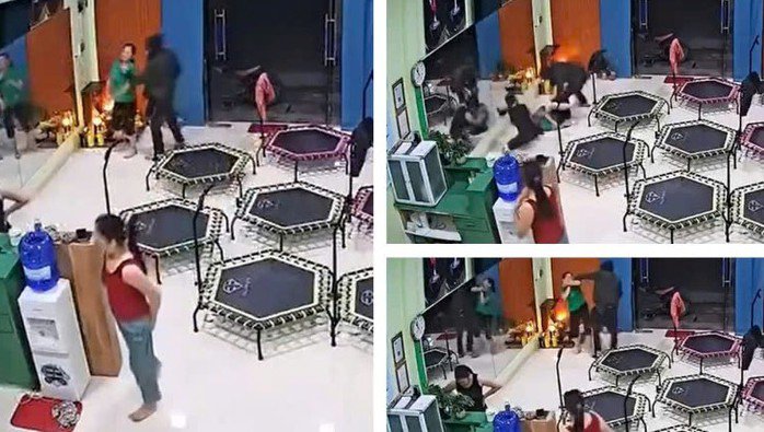 Hình ảnh người đàn ông bịt mặt, xông vào phòng tập thể dục cướp dây chuyền. Ảnh: D. Châu