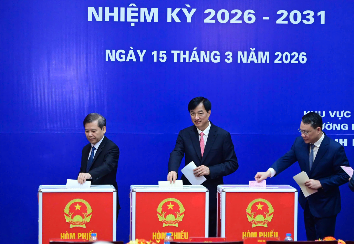 Từ trái qua: Trưởng Ban Nội chính Trung ương Lê Minh Trí và Bí thư thành ủy Hà Nội Nguyễn Duy Ngọc bỏ phiếu tại phường Ba Đình. Ảnh:&nbsp;Giang Huy