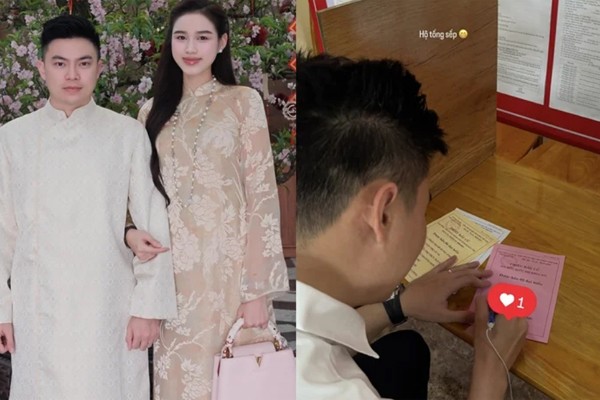 Hoa hậu Đỗ Thị Hà chia sẻ ảnh hộ tống chồng đi bầu cử.