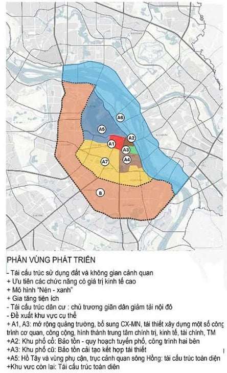 Đề xuất phân vùng phát triển Hà Nội khi tái cấu trúc sử dụng đất và không gian xanh, tái cấu trúc dân cư.