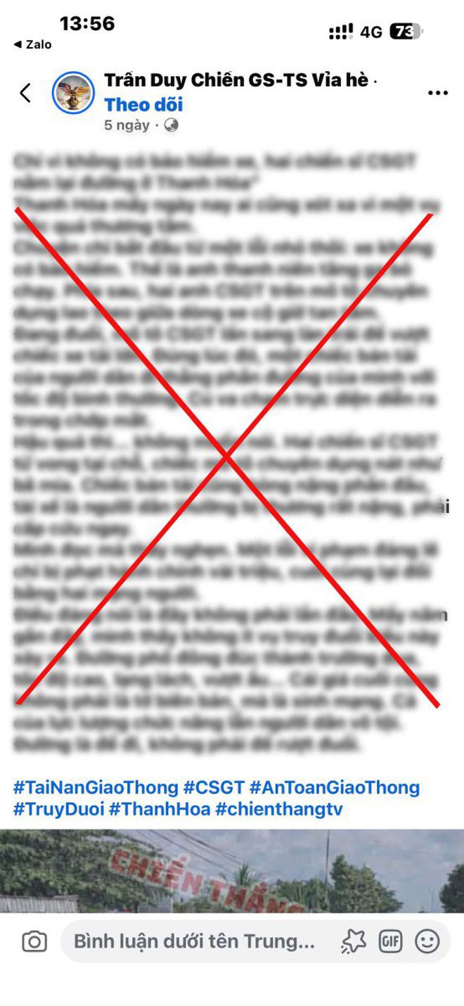 Thông tin chia sẻ sai sự thật về 2 cán bộ CSGT Công an tỉnh Thanh Hóa trên mạng xã hội. Ảnh: Công an Thanh Hóa