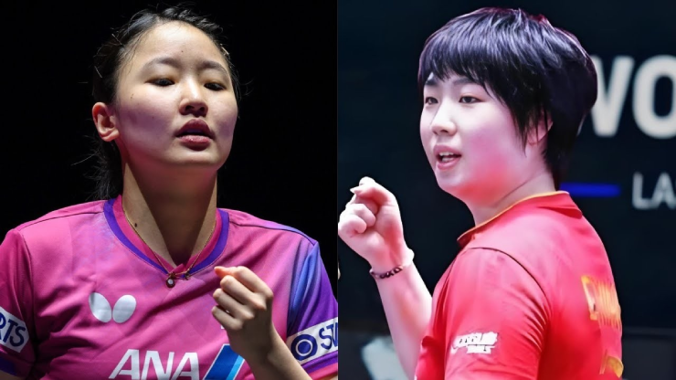 Miwa Harimoto (bên trái) ăn mừng chiến thắng trước Kuai Man (bên phải), biểu trưng cho sự trỗi dậy của bóng bàn Nhật Bản