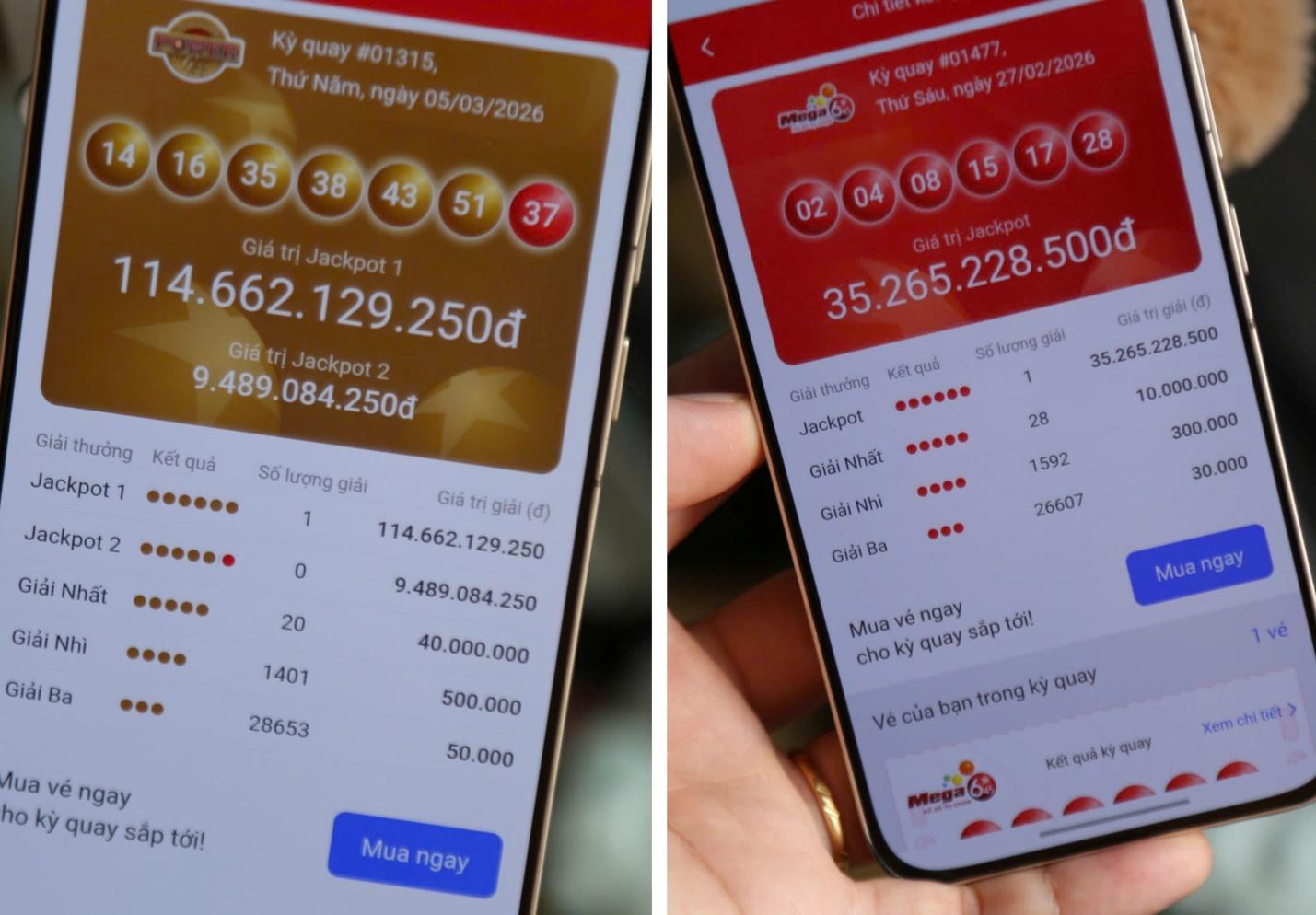 Các Jackpot Mega 6/45 và Power 6/55 “nổ” gần đây nhất.