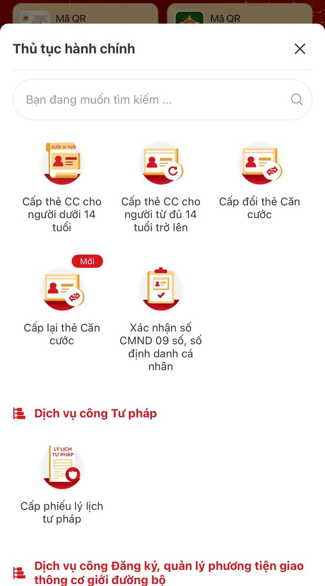 Giao diện thực hiện thủ tục đăng ký, cấp đổi, cấp lại thẻ căn cước trên ứng dụng VNeID. Ảnh: Đan Tâm.