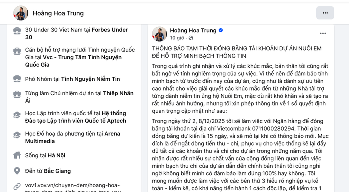 Ông Hoàng Hoa Trung lên tiếng trên facebook cá nhân hồi tháng 12-2025