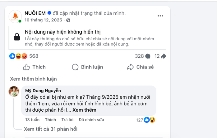 Fanpage dự án Nuôi em chia sẻ bài đăng của ông Hoàng Hoa Trung, đến nay không còn hiển thị.