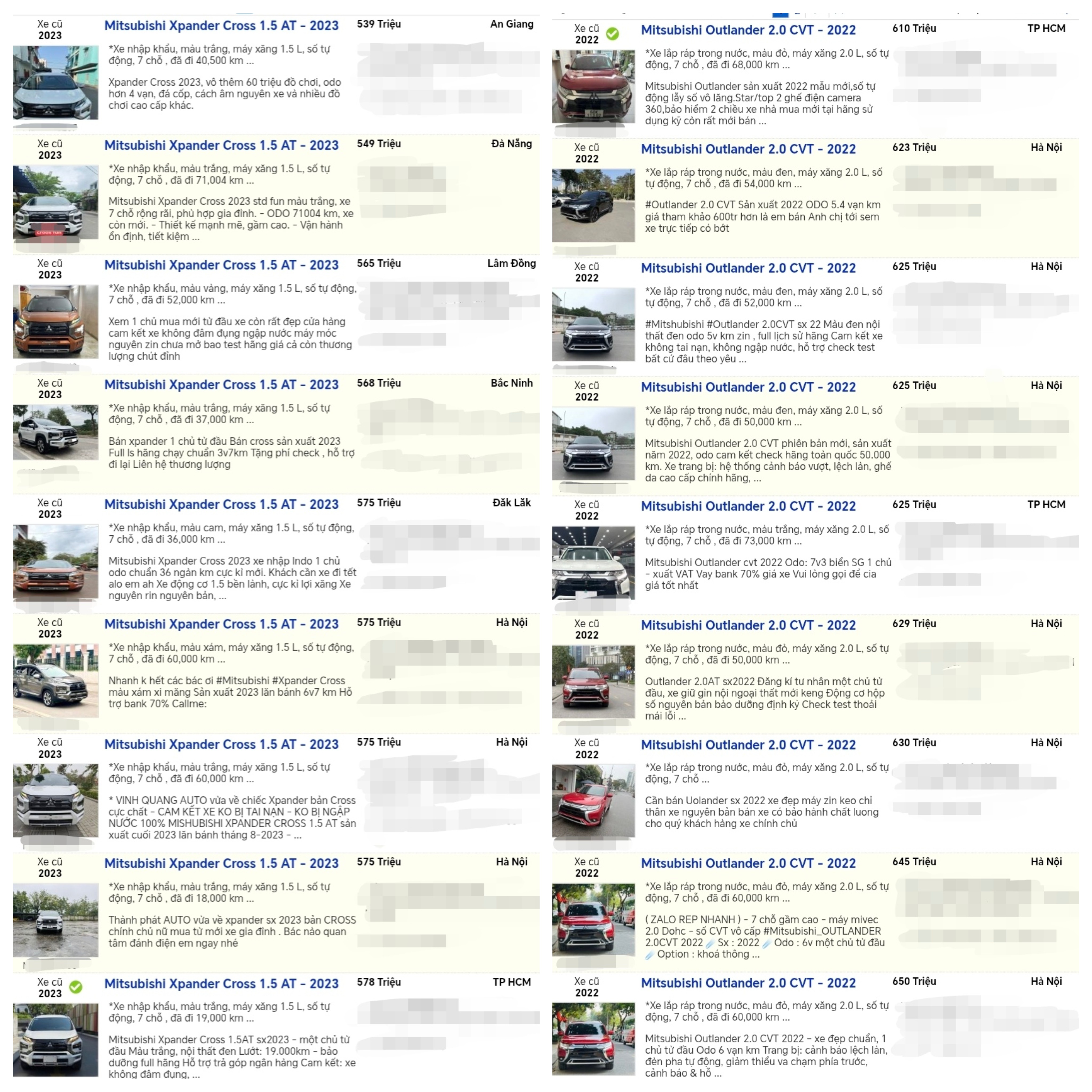 So sánh một số tin rao bán Xpander Cross 2023 và Outlander 2022.