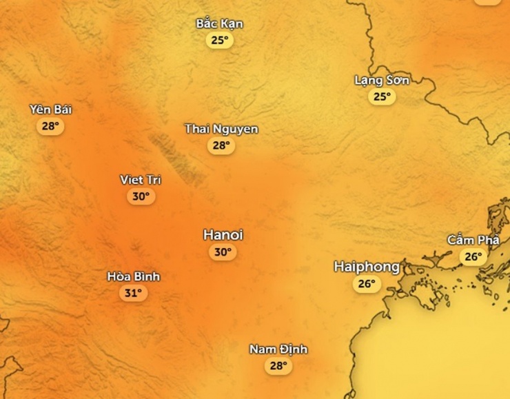 Dự báo nhiệt độ cảm nhận ở một số khu vực tại miền Bắc chiều mai, 19/3. Ảnh: Zoom Earth, OpenStreetMap, ICON.