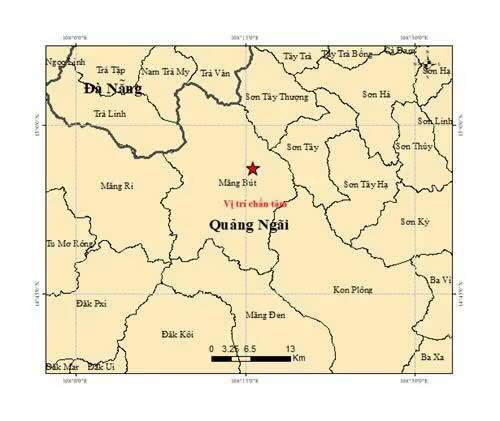 Vị trí xảy ra trận động đất mạnh 3.8 độ ở Quảng Ngãi.
