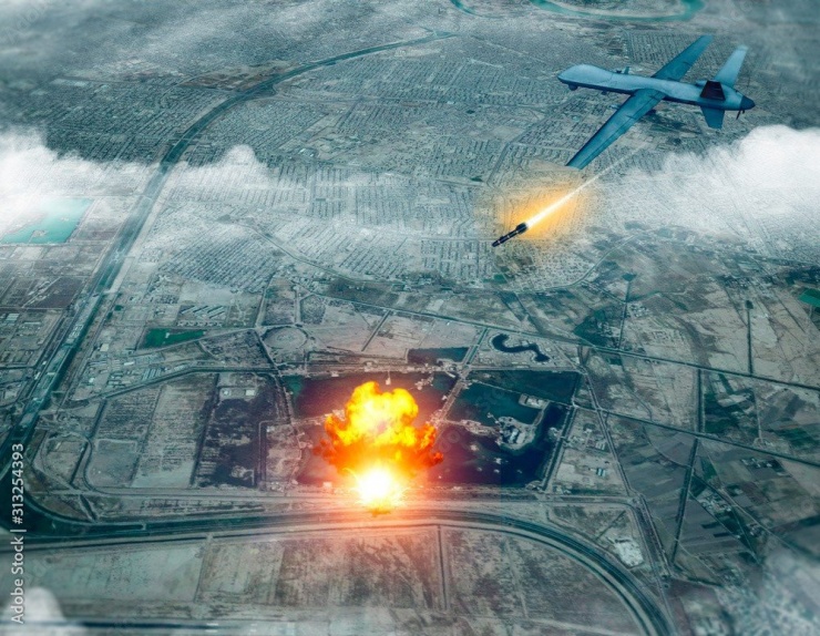 Hình ảnh 3D mô phỏng cuộc tấn công bằng máy bay không người lái của Mỹ vào đoàn xe của tướng Iran Qassem Soleimani gần sân bay Baghdad của Iraq. Ảnh: Adobe Stock.