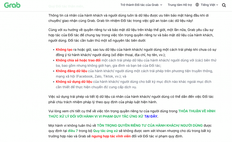 Grab đưa ra Nhắc nhở Chính sách bảo vệ dữ liệu của hành khách và người dùng. Ảnh chụp màn hình