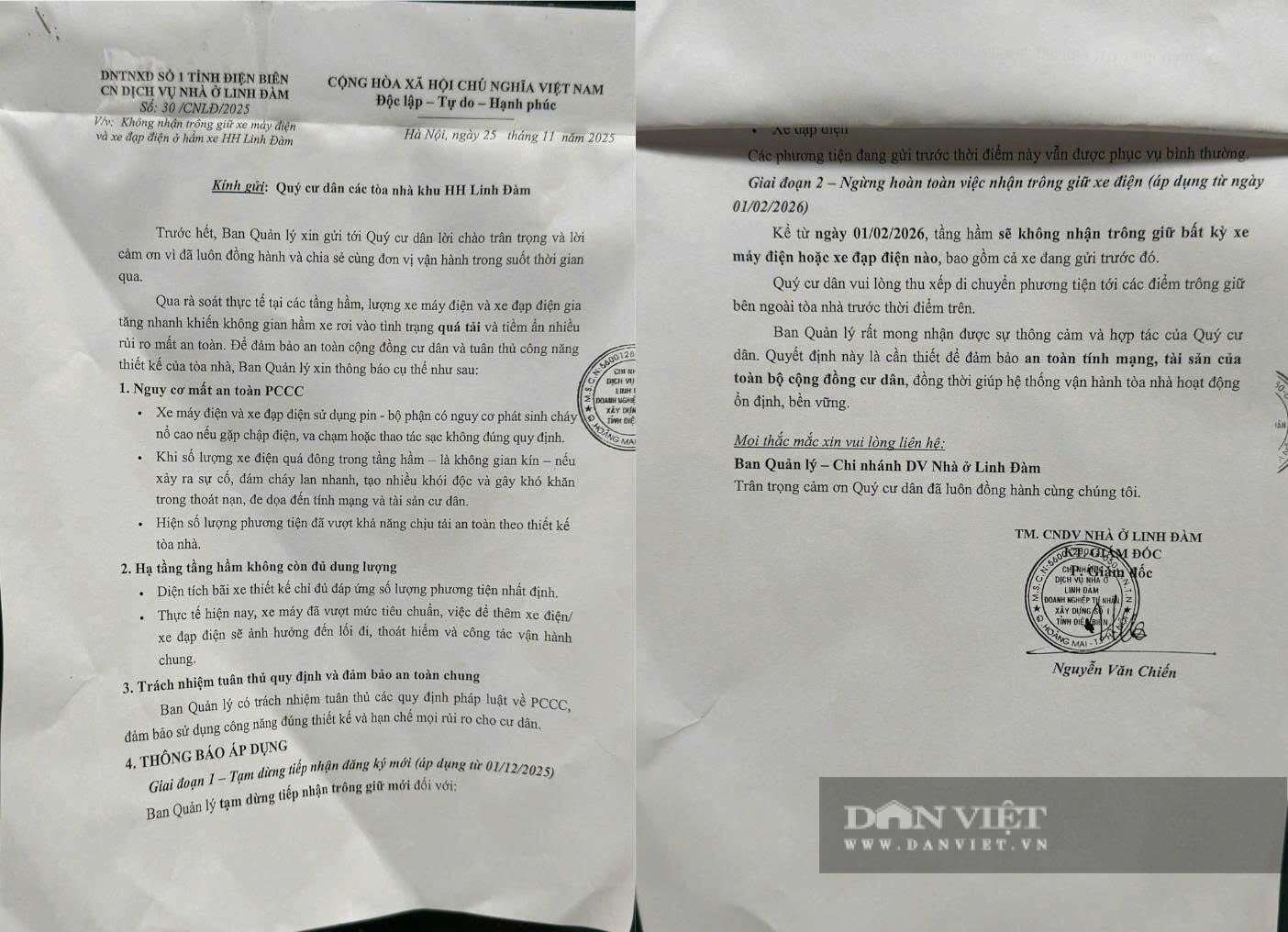 Chung cư "vạn dân" HH Linh Đàm ở Hà Nội bất ngờ thông báo ngừng nhận trông xe điện. Ảnh: Phương Thảo