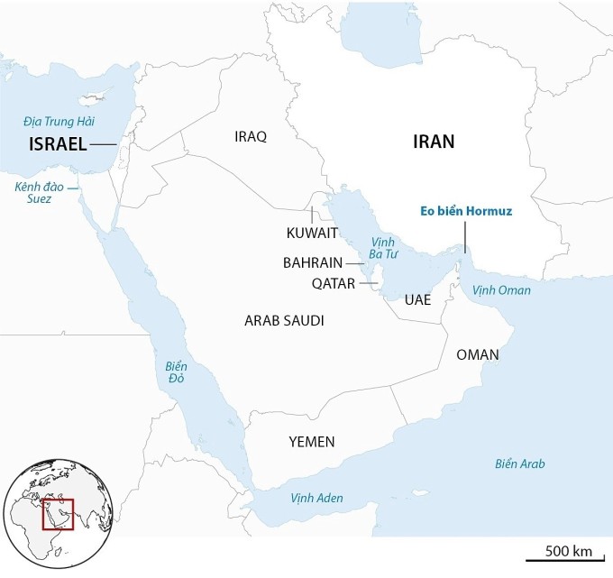Vị trí eo biển Hormuz và vịnh Oman. Đồ họa: Guardian