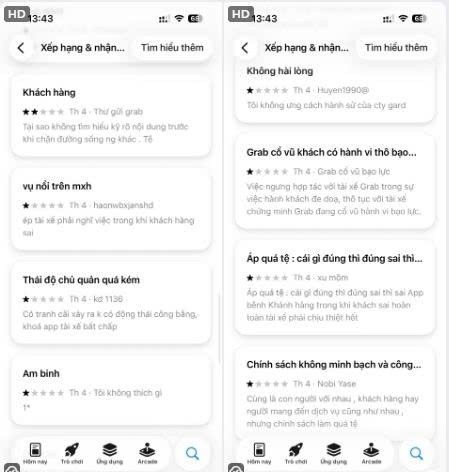 Những bình luận và đánh giá của người dùng về Grab trên AppStore.