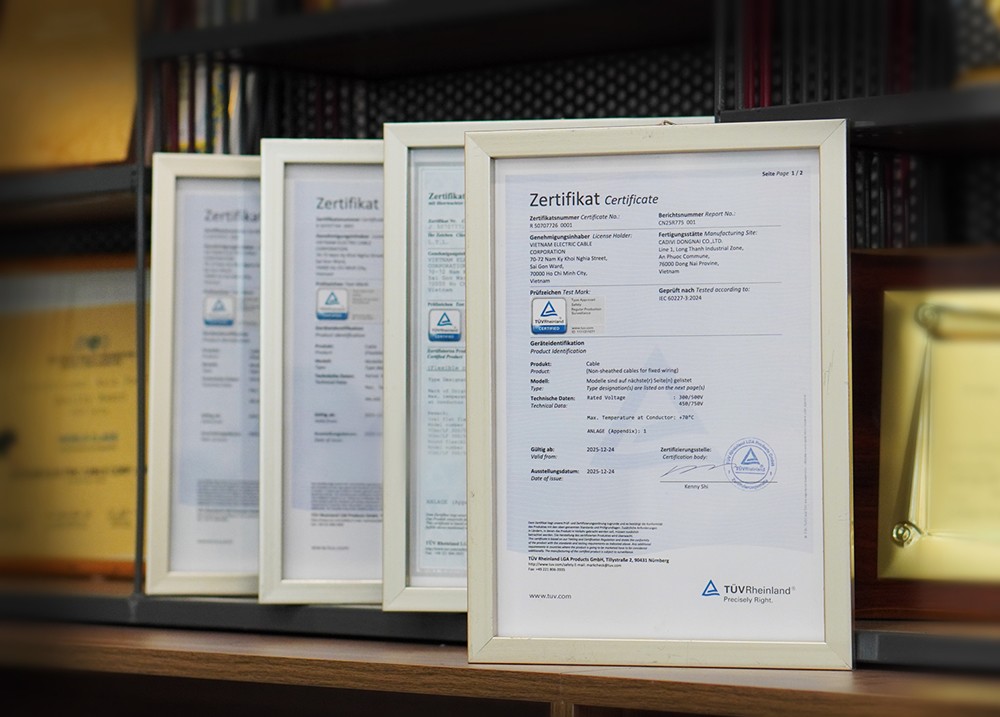 Dòng dây điện dân dụng không chì (LF) của CADIVI đạt chứng nhận TÜV Rheinland về tiêu chuẩn an toàn và chất lượng quốc tế.