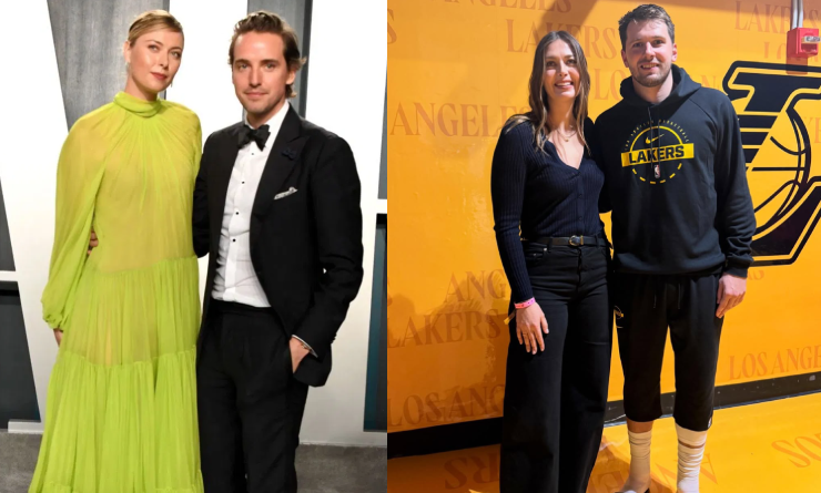 Sharapova chụp chung với&nbsp;Doncic (bên phải), hôn phu&nbsp;Gilkes (bên trái) không hề tỏ ra khó chịu