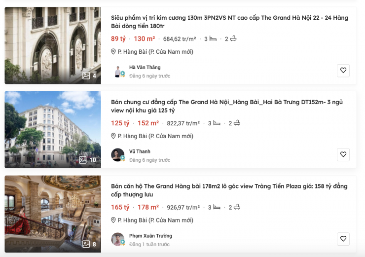 Giá rao bán các căn hộ trong sự án cao cấp The Grand Hà Nội. Ảnh chụp màn hình: Batdongsan.com.vn