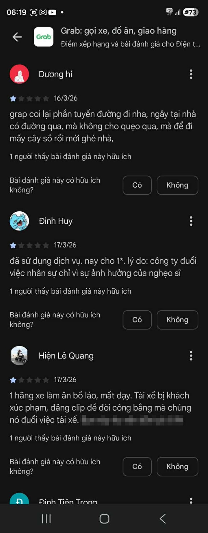 Ứng dụng Grab nhận đánh giá 1 sao trên CH Play.