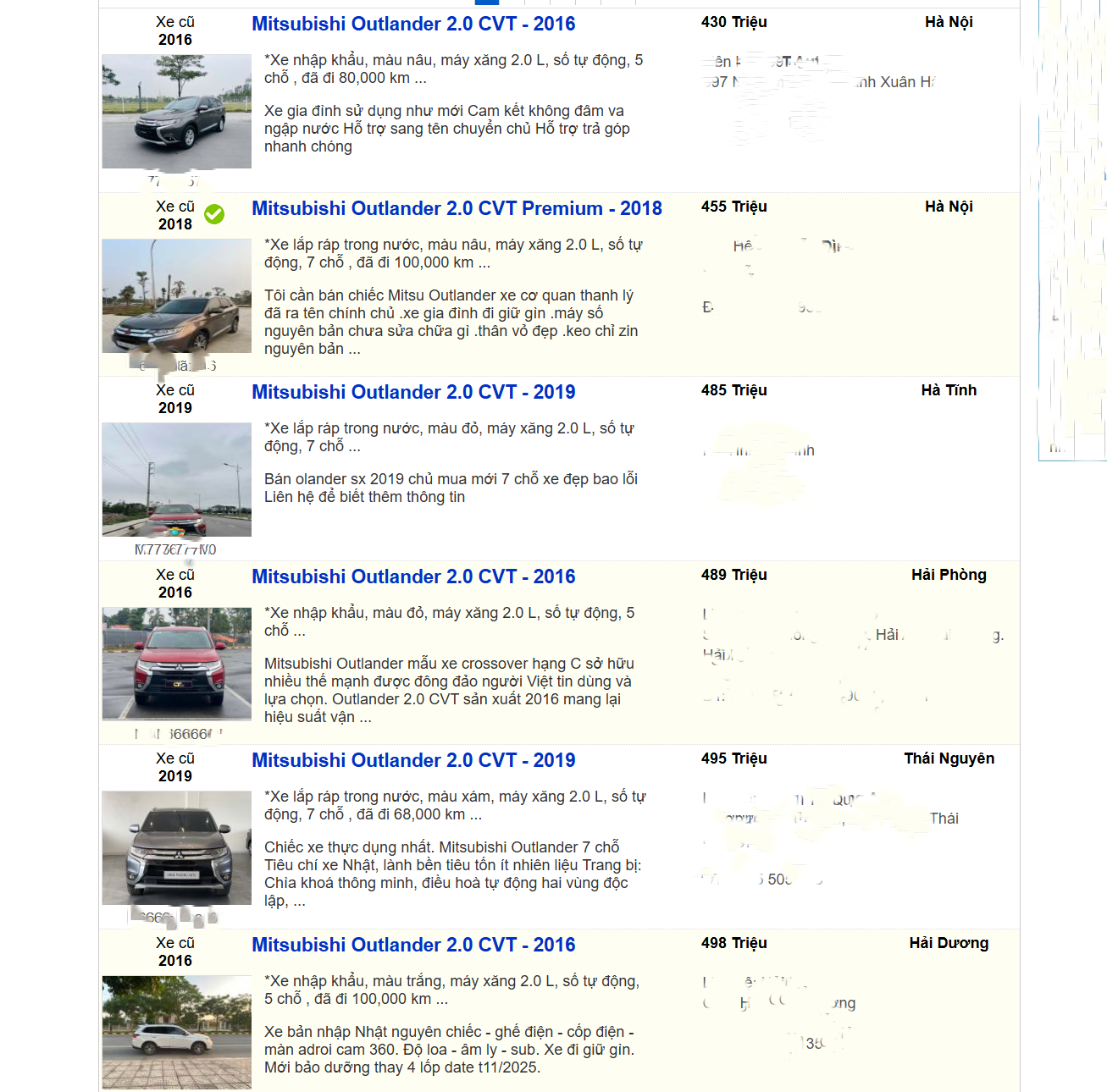 Loạt tin rao bán Mitsubishi Outlander trên chợ mạng.