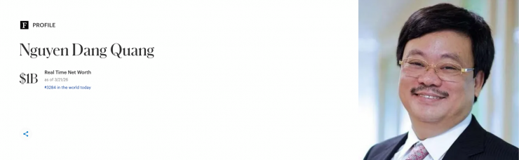 Tài sản ông Nguyễn Đăng Quang cập nhật theo thời gian thực trên Forbes.
