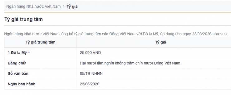 Tỷ giá trung tâm sáng nay (23/3). Nguồn: sbv.