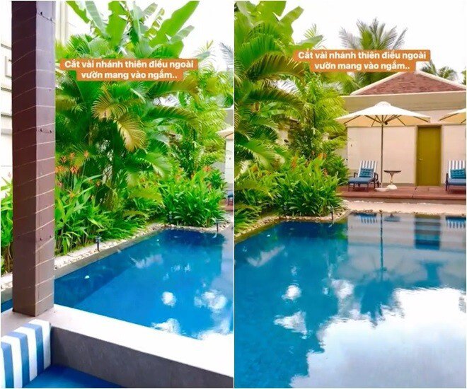 Bể bơi riêng nằm ngay sát hiên nhà với thiết kế tràn viền thời thượng, giúp xóa nhòa ranh giới giữa kiến trúc nhân tạo và thiên nhiên cây cỏ xung quanh.