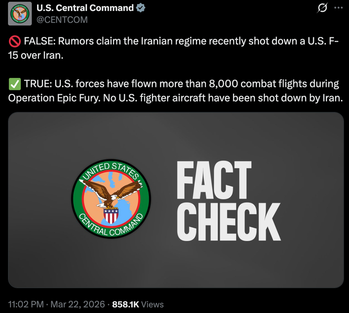 Bộ Tư lệnh Trung tâm Mỹ bác bỏ thông tin F-15 bị Iran bắn trúng gần đảo Hormuz. Ảnh: X