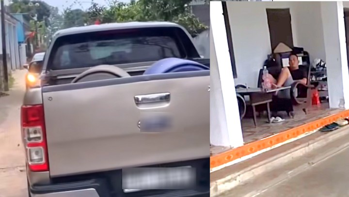 Chủ xe bán tải ngồi trong hiên nhà, bỏ mặc xe khác không thể đi qua
