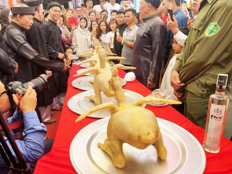 Để gà có thể đứng được trên mâm, khi làm gà xong phải lấy thanh tre, lạt định hình để cổ gà phải đứng, mỏ ngang về phía trước, đôi cánh dang rộng đang trong tư thế gà bay, chân hơi quỳ làm sao cho gà đứng được rồi mới cho vào luộc.