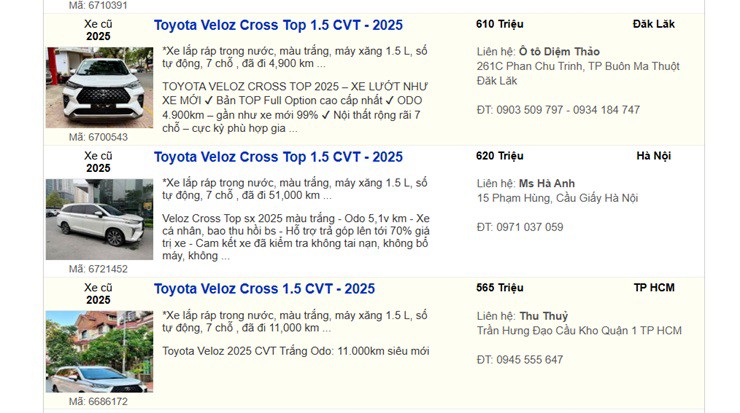 Veloz Cross chạy lướt đời 2025 được rao bán lại (Ảnh: Chụp màn hình).