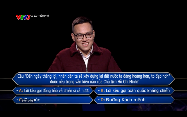 Nguyễn Trường Giang là người thứ 4 trong 20 năm phát sóng của Ai là triệu phú chạm đến mốc câu hỏi số 15. Ảnh chụp màn hình