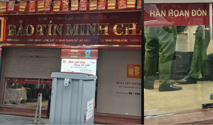 Cảnh sát xuất hiện tại cơ sở kinh doanh Bảo Tín Minh Châu. Ảnh: Thanh Hà.