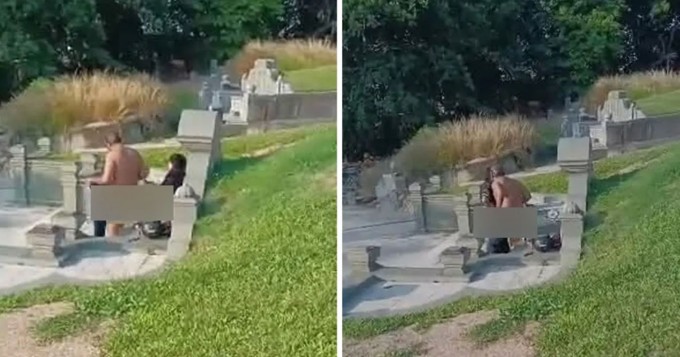 Người đàn ông 58 tuổi và người phụ nữ 37 tuổi quan hệ tình dục trong nghĩa trang ở Penang, Malaysia hôm 22/3. Ảnh cắt từ video