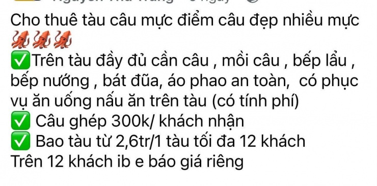 Không khó để bắt gặp những quảng cáo về tour câu mực đêm trái phép trên mạng xã hội. Ảnh chụp màn hình Fanpage: Chuyên đồ ăn vặt Hạ Long.