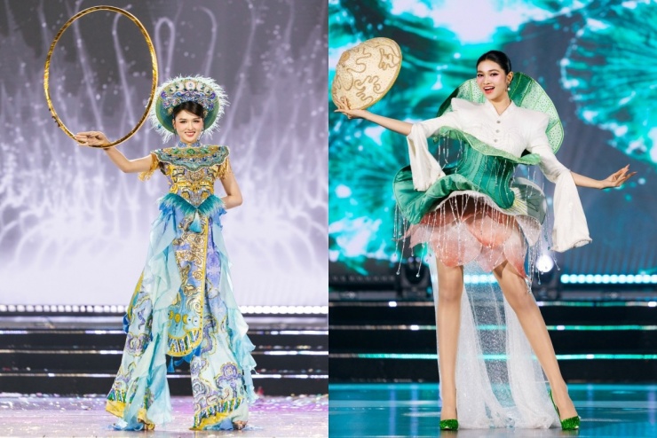 Á hậu Nguyễn Thị Thu Ngân (trái) thể hiện trang phục của tác giả Trần Quang Huy, lấy cảm hứng từ vẻ đẹp của ánh trăng. Tác giả dùng phom áo yếm kết hợp vân kiên, phụ kiện mấn, vòng. Còn Á hậu Huỳnh Minh Kiên trong trang phục gợi lên vẻ đẹp của hoa sen của Nguyễn Phước Thịnh.