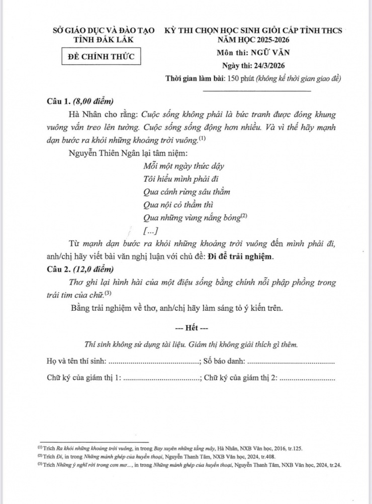 Đề thi Học sinh giỏi Văn tỉnh Đắk Lắk 2026. Ảnh: CMH