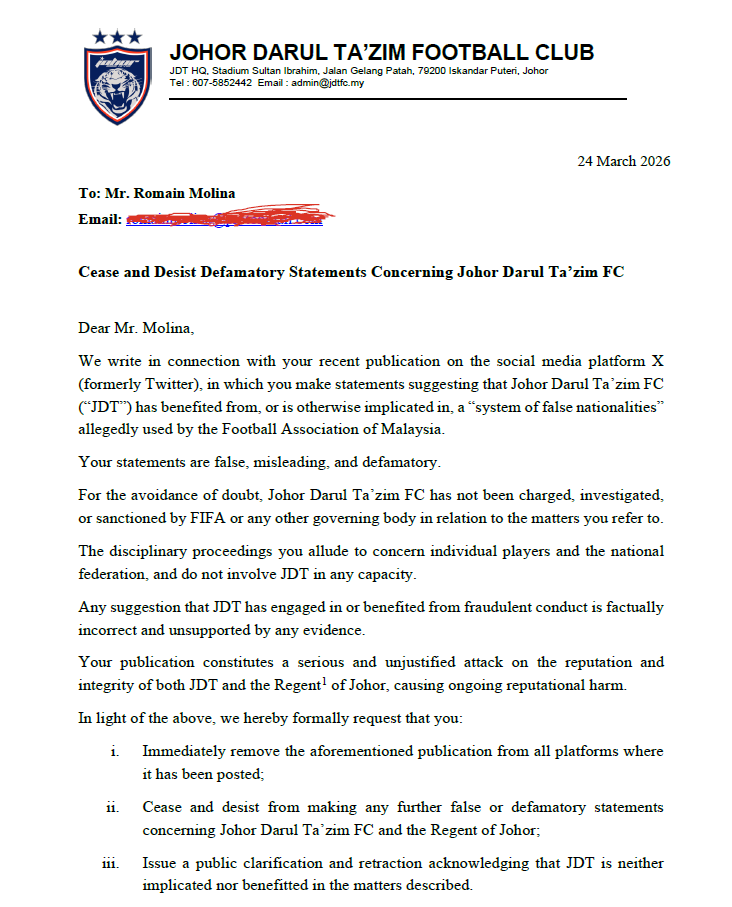 CLB Johor Darul Ta'zim gửi văn bản yêu cầu Romain Molina xóa nội dung đã đăng