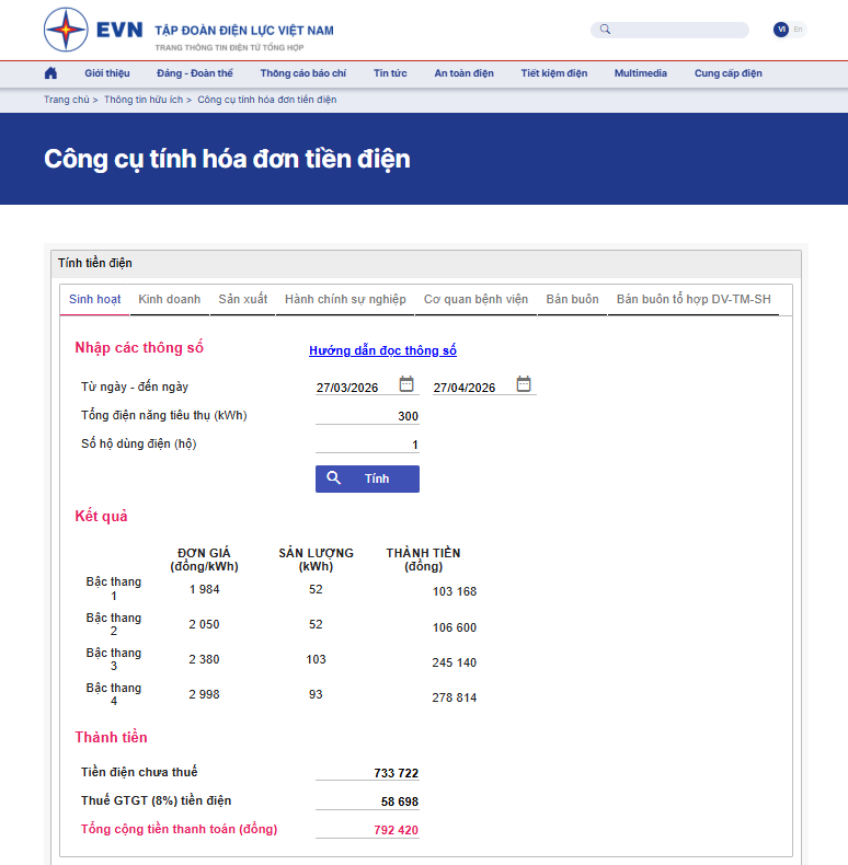 Công cụ tính tiền điện của EVN với gia đình sử dụng 300 kWh điện mỗi tháng. Ảnh: Trang web EVN