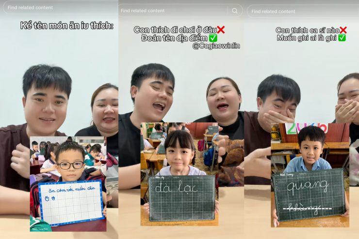 TikToker Bông Tím và màn reaction "cười không nhặt được mồm" trước những câu trả lời hồn nhiên của các bé. Ảnh: @bongtim96.