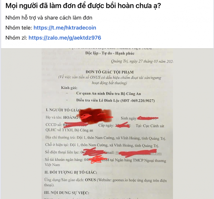 Nhiều nạn nhân đã viết đơn tố giác sàn ONUS. Ảnh chụp màn hình