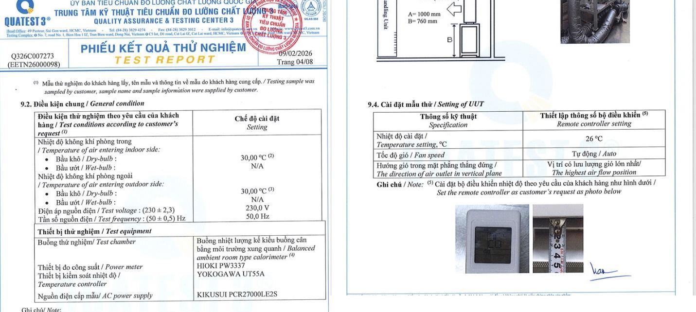 Điều kiện đo kiểm là nhiệt độ môi trường 30 độ C, nhiệt độ cài đặt điều hòa 26 độ C và giả lập trong phòng có 2 người lớn nghỉ ngơi. (Ảnh chụp kết quả thử nghiệm).