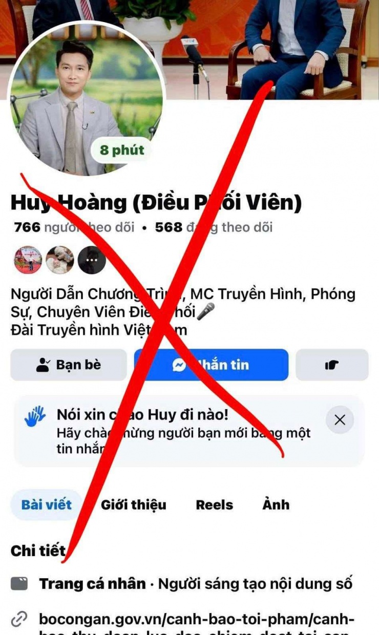 Trang Facebook lấy thông tin và hình ảnh của VTV Đỗ Huy Hoàng để lừa đảo. Ảnh chụp màn hình