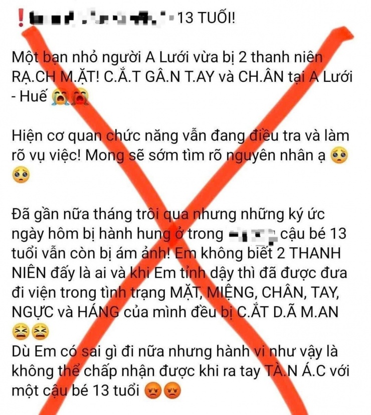 Cơ quan công an tại Huế bác bỏ thông tin sai sự thật về một thiếu niên 13 tuổi tại A Lưới bị người lạ rạch mặt, cắt gân.