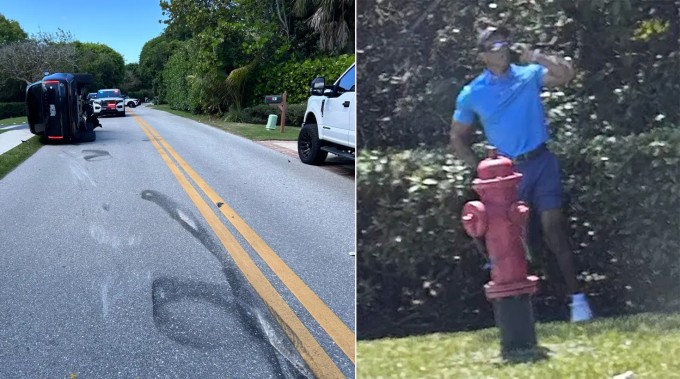 Vết trượt lốp xe được nhìn thấy trên đường sau vụ tai nạn trong khi Tiger Woods đang gọi điện. Ảnh: Backgrid, AP