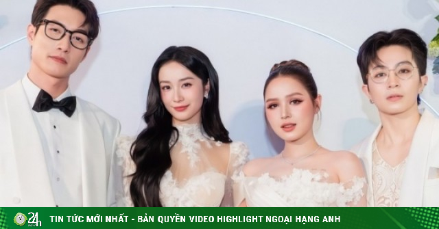 Xoài Non mặc váy cưới sánh đôi Gil Lê trên thảm đỏ